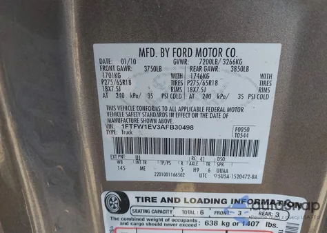 2010 Ford F-150 Fx4/Harley-Davidson/King Ranch/Lariat/Platinum/Xl/Xlt из США, поврежденный, VIN 1FTFW1EV3AFB30498